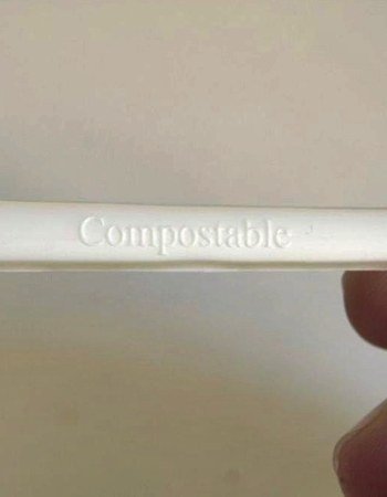 Close up of a GREEN HOME spoon with the word Compostable embossed on the handle
