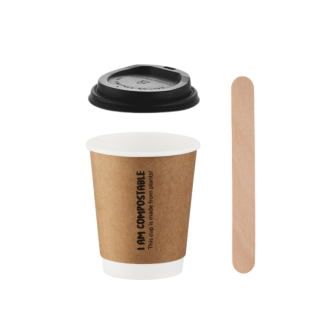 250ml Kraft Double Wall Hot Cup, Black Lid & Wide Wooden Stirrer
