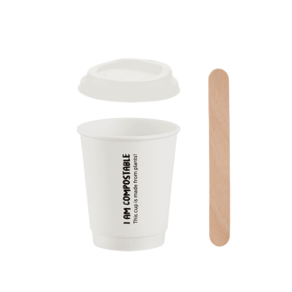 250ml White Double Wall Hot Cup, White CPLA Lid & Wide Wooden Stirrer