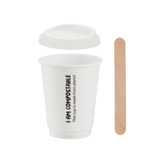 350ml White Double Wall Printed Hot Cup, White Lid & Wide Wooden Stirrer
