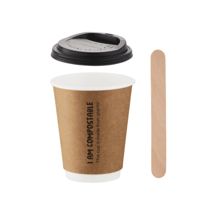350ml Kraft Double Wall Hot Cup, Black Lid & Wide Wooden Stirrer