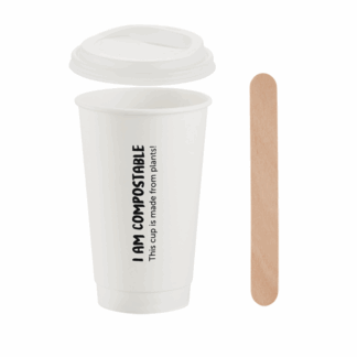 500ml White Double Wall Printed Hot Cup, White Lid & Wide Wooden Stirrer