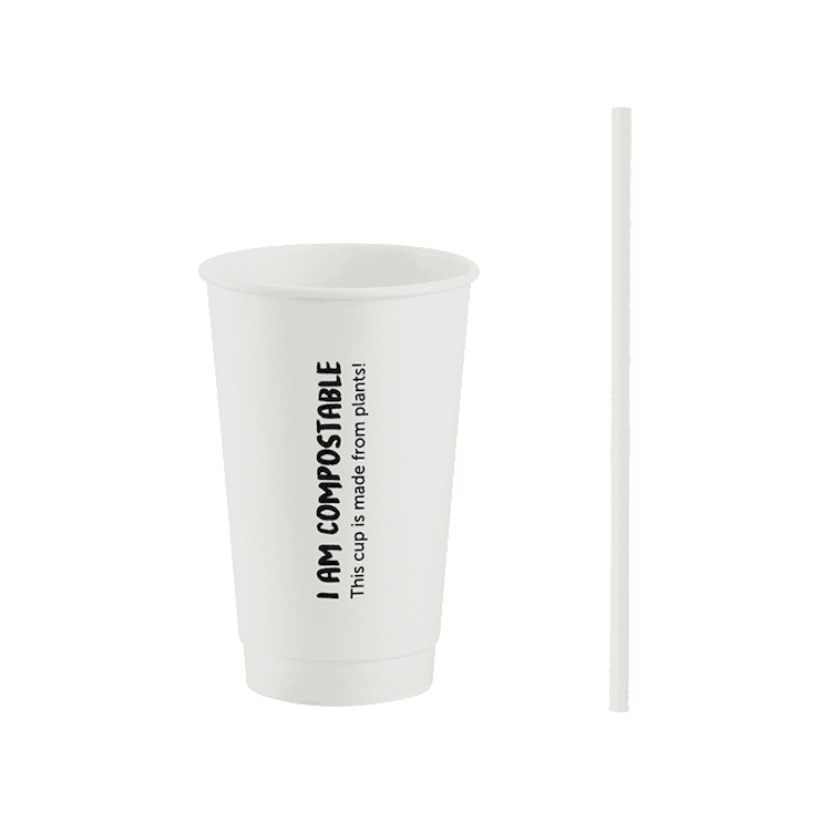 500ml White Double Wall Hot Cup + 6mm Unwrapped Paper Straw