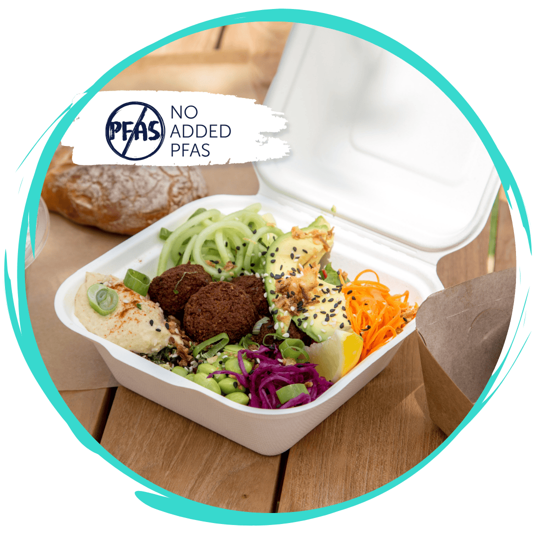 A sugarcane clamshell full of food with the words: no added PFAS